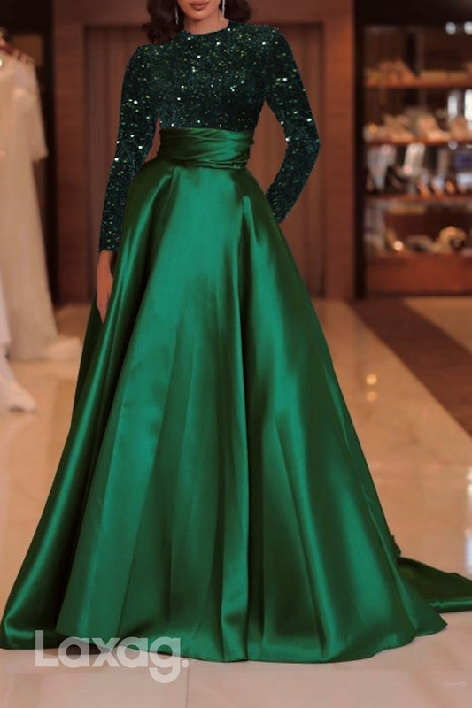 22490 - A-Line Round Long Sleeves Sequins Sleek Satin Mother of the Bride Dress