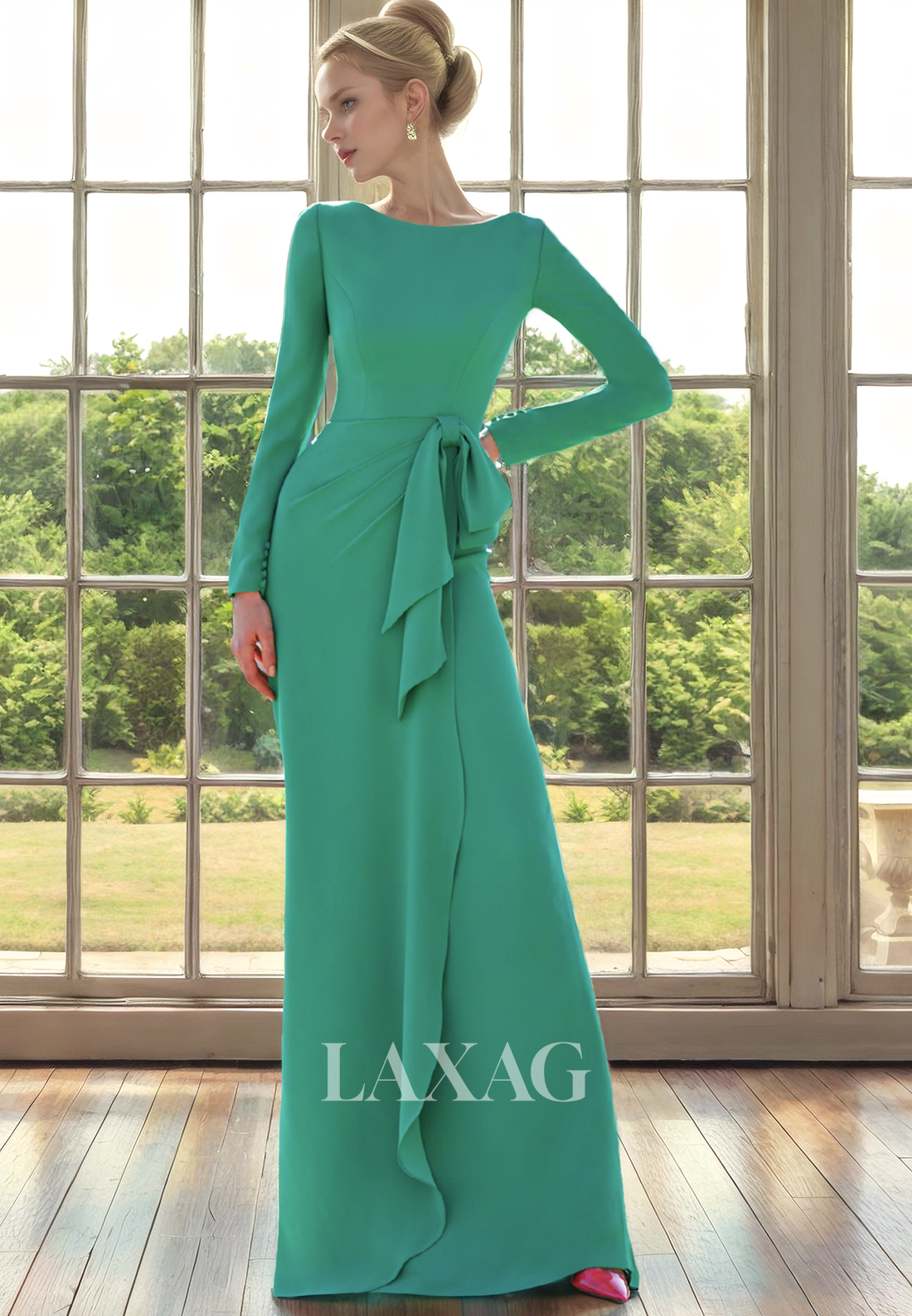 A-Line Round Long Sleeves Sleek Satin Elegant Mother of the Bride Dress