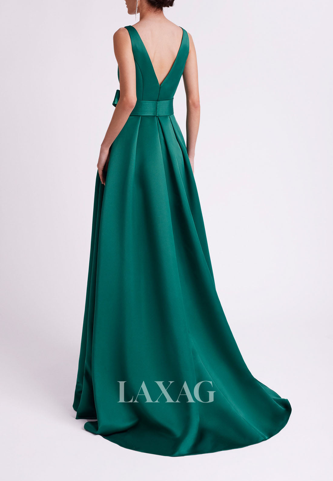 23109 - A-Line Round Open Back Sleek Satin Cocktail Party Formal Evening Dress with Train