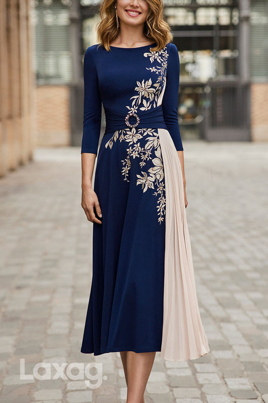 23038 - A-Line Round Quarter Sleeves Appliques Beaded Cocktail Party Formal Evening Dress