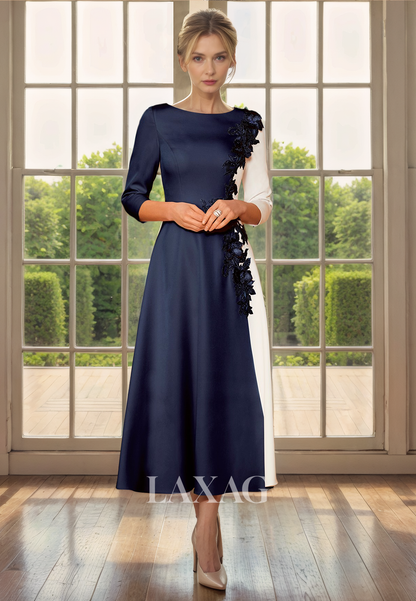 A-Line Round Quarter Sleeves Appliques Pearls Mother of the Bride Dress