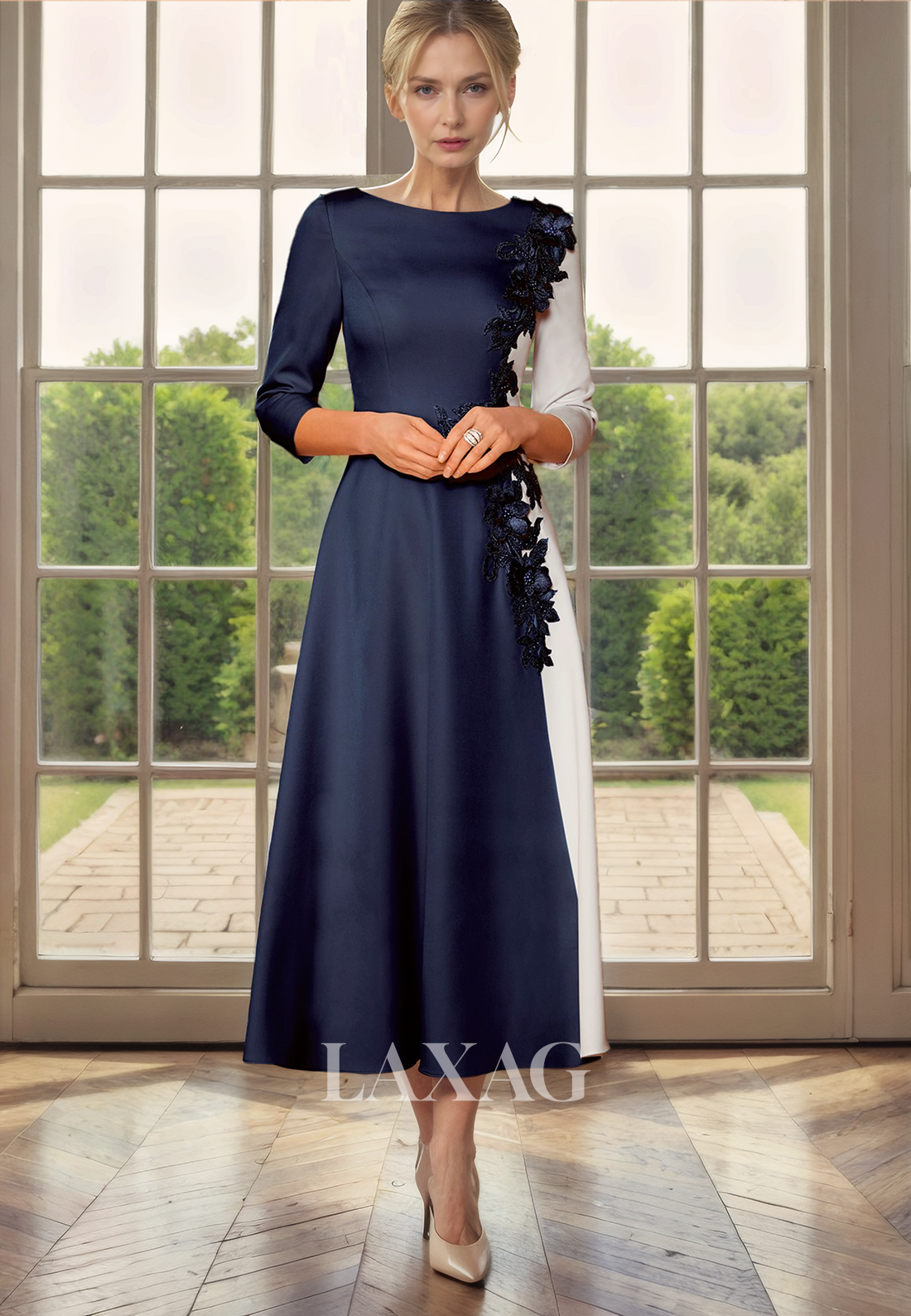 A-Line Round Quarter Sleeves Appliques Pearls Mother of the Bride Dress