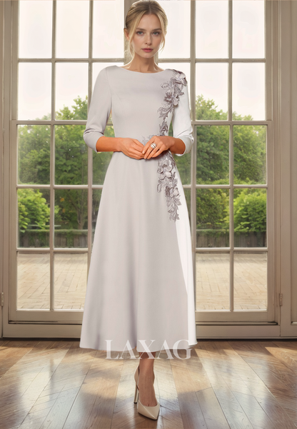 A-Line Round Quarter Sleeves Appliques Pearls Mother of the Bride Dress