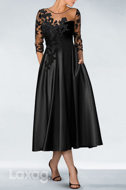 22963 - A-Line Round Quarter Sleeves Lace Appliques Cocktail Party Formal Evening Dress