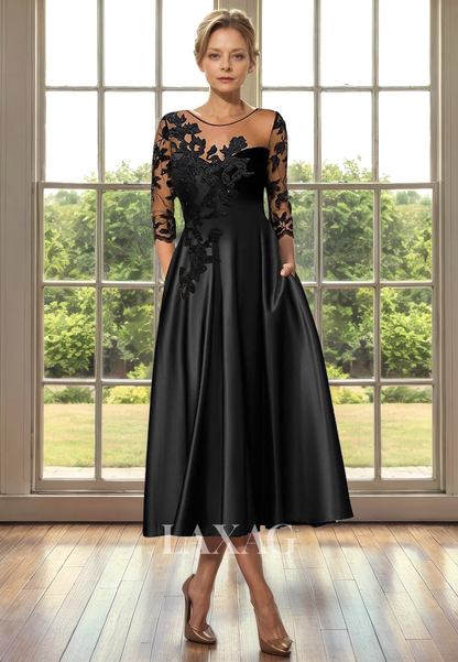 A-Line Round Quarter Sleeves Lace Appliques Sleek Satin Mother of the Bride Dress