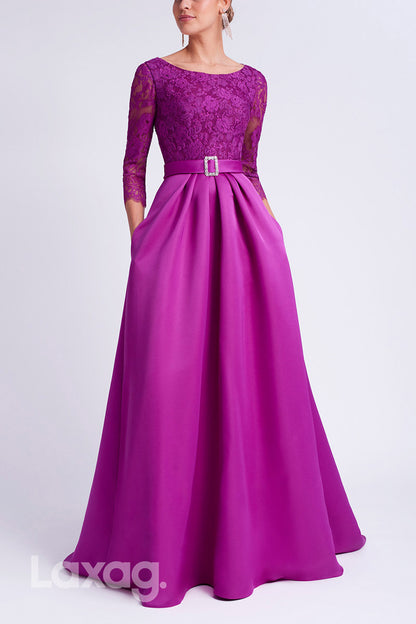 22888 - A-Line Round Quarter Sleeves Lace Beaded Belt Cocktail Party Formal Evening Dress