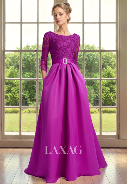 A-Line Round Quarter Sleeves Lace Sleek Satin Mother of the Bride Dress with Train