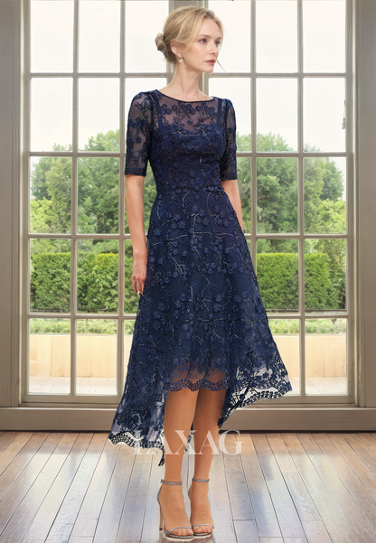 A-Line Round Short Sleeves Lace Appliques High-Low Mother of the Bride Dress