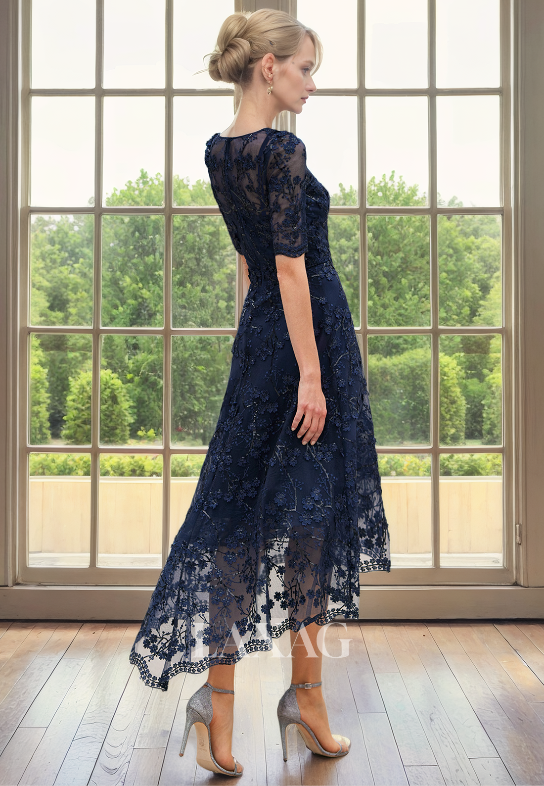 A-Line Round Short Sleeves Lace Appliques High-Low Mother of the Bride Dress