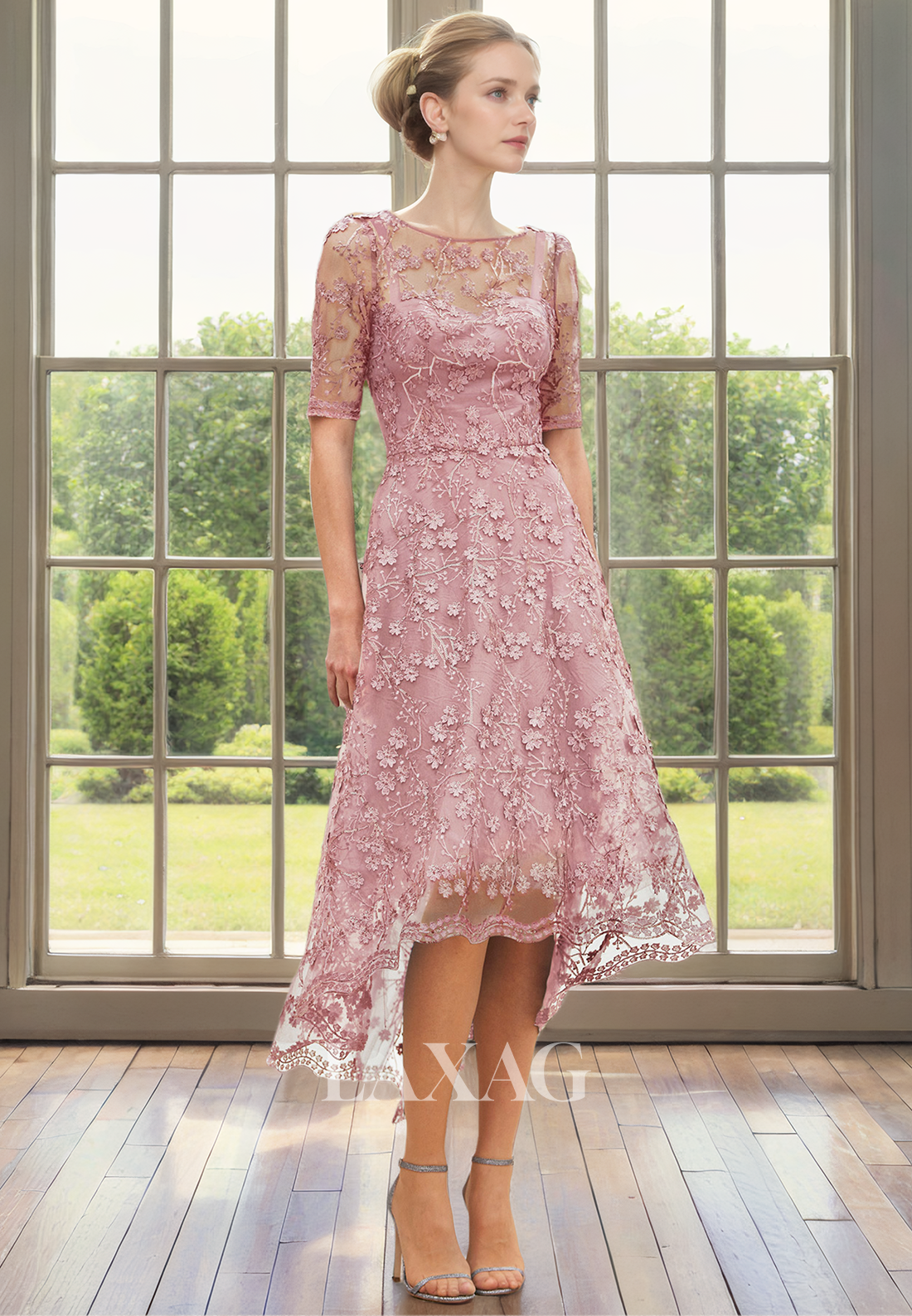 A-Line Round Short Sleeves Lace Appliques High-Low Mother of the Bride Dress