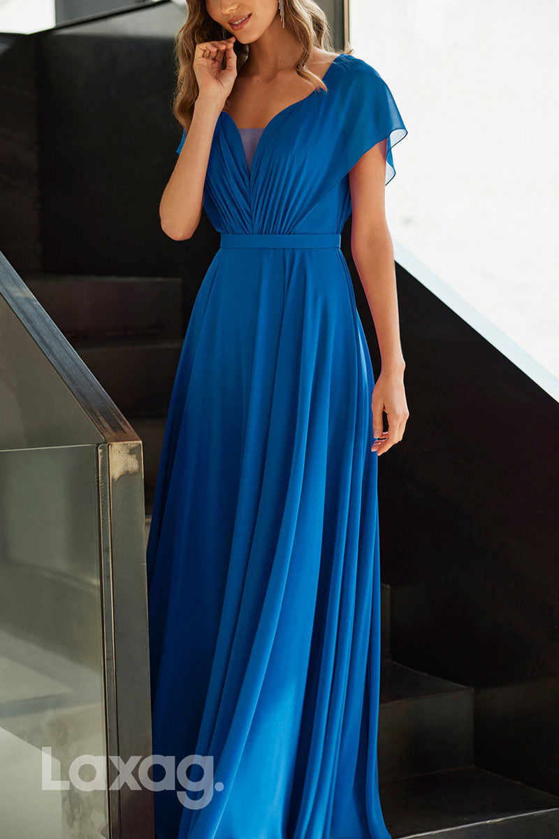 23057 - A-Line Short Sleeves Pleated Sleek Satin Cocktail Party Formal Evening Dress