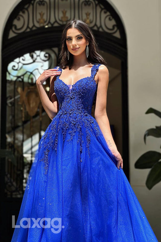 22220 - A-Line Spaghetti Straps Appliques Tulle Sequins Party Prom Formal Evening Dress