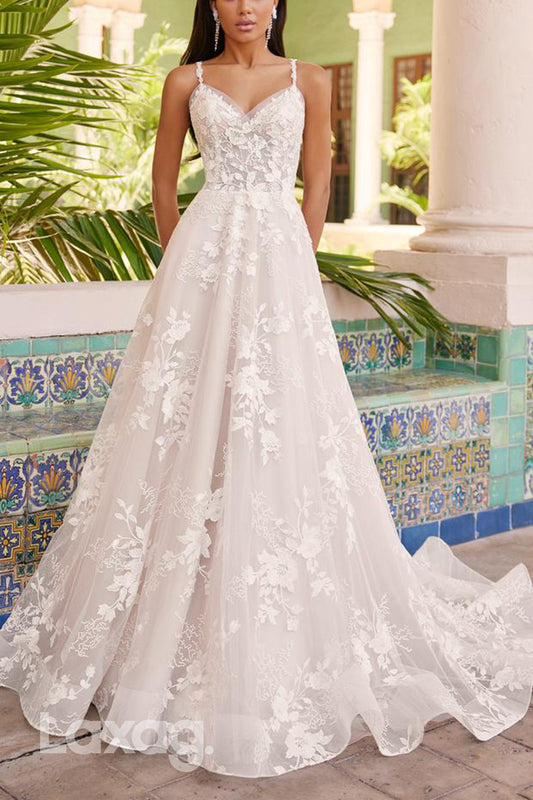 22605 - A-Line Spaghetti Straps Appliques Tulle Wedding Dress with Train