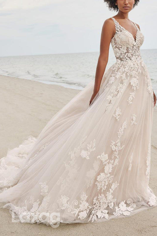 22608 - A-Line Spaghetti Straps Appliques Tulle Wedding Dress with Train