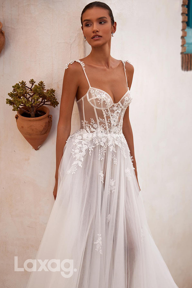 22352 - A-Line Spaghetti Straps Appliques Tulle illusion Wedding Dress with Train