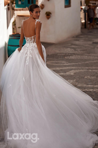 22352 - A-Line Spaghetti Straps Appliques Tulle illusion Wedding Dress with Train