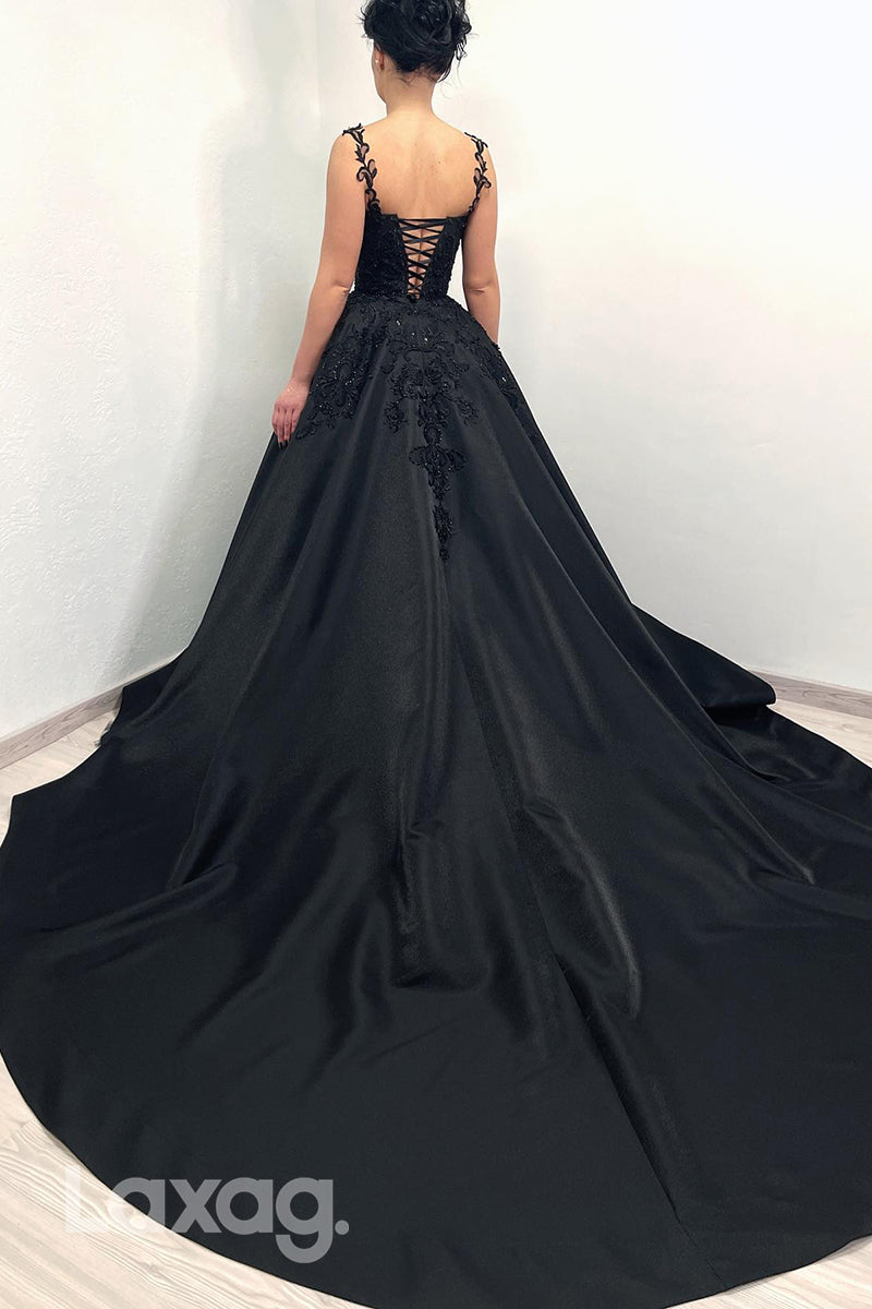 22196 - A-Line Spaghetti Straps Appliques illusion Party Prom Formal Evening Dress