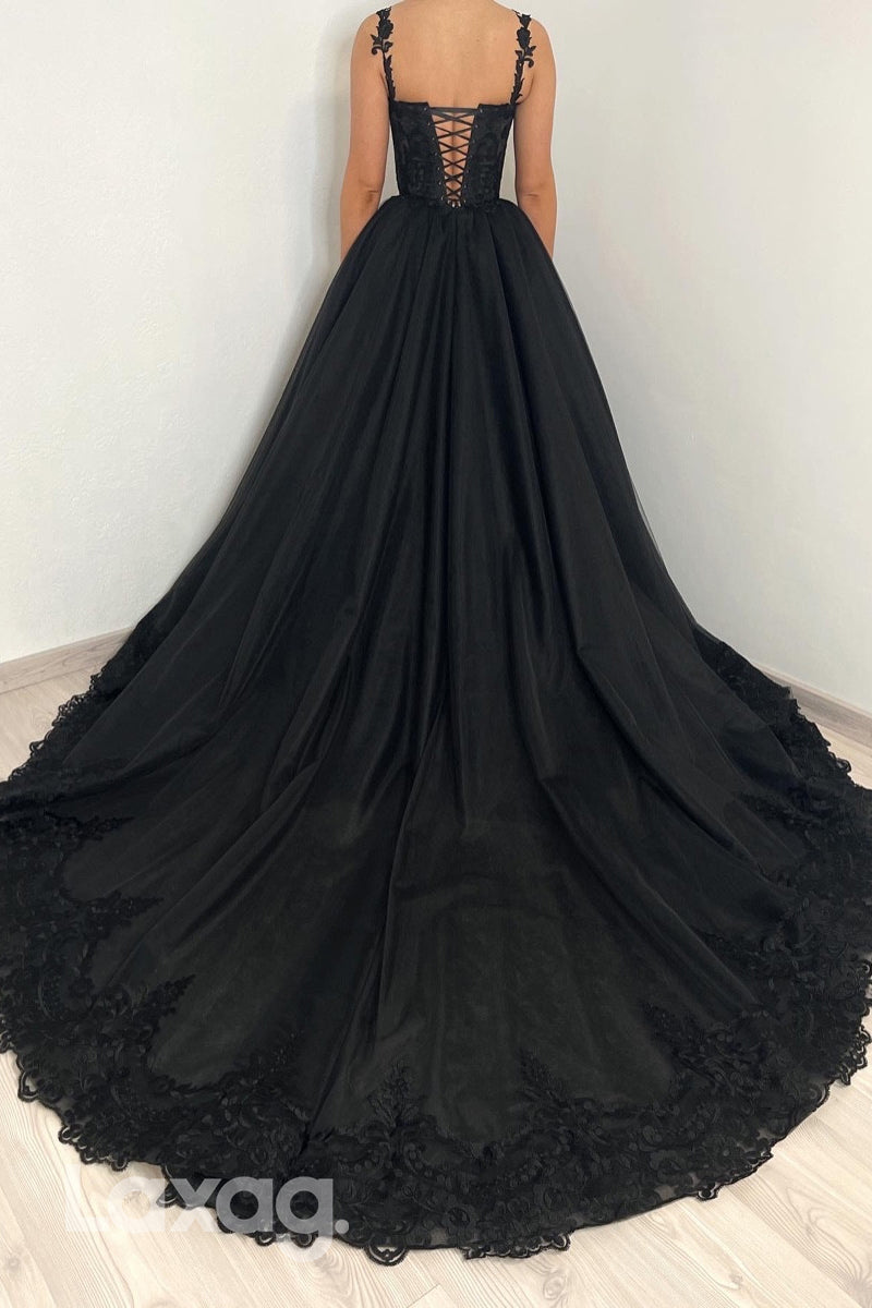 22196 - A-Line Spaghetti Straps Appliques illusion Party Prom Formal Evening Dress