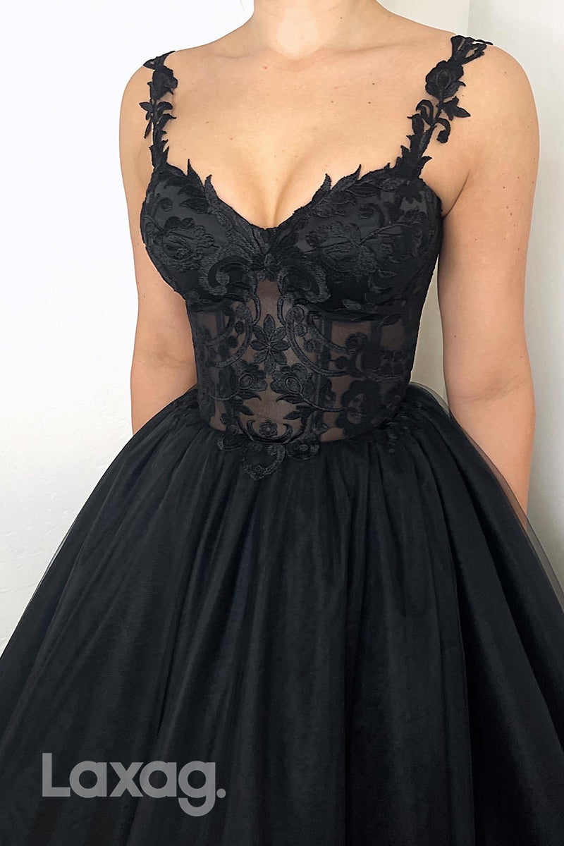 22196 - A-Line Spaghetti Straps Appliques illusion Party Prom Formal Evening Dress