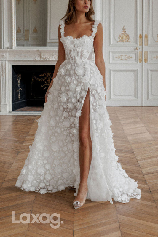 22610 - A-Line Spaghetti Straps Apppliques Tulle High Slit Wedding Dress