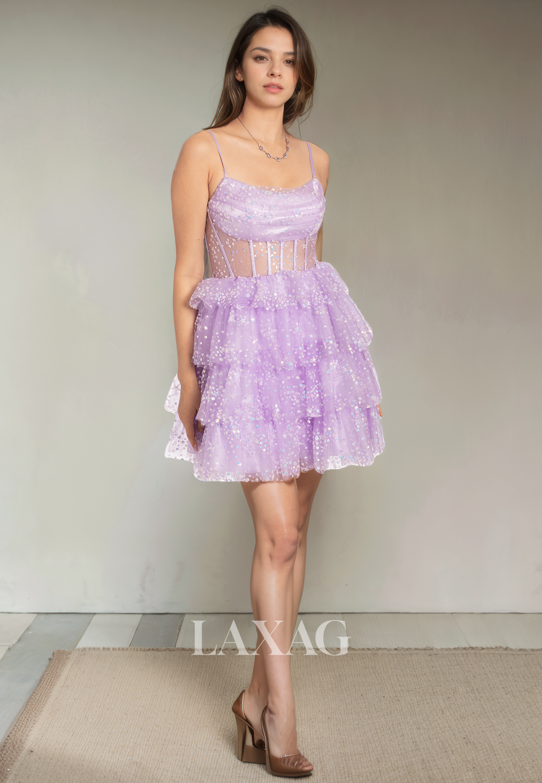 A-Line Spaghetti Straps Backless Tiered Tulle Glitter Party Homecoming Dress