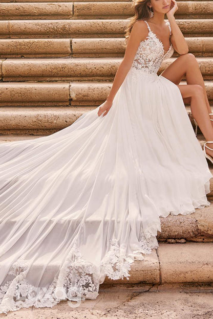 22601 - A-Line Spaghetti Straps Backlesss Appliques Wedding Dress with Train and Slit