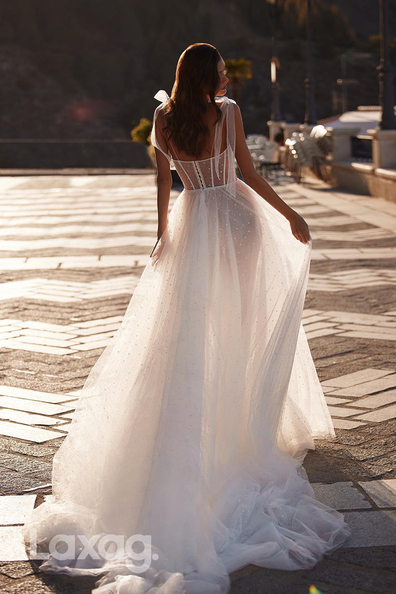 22351 - A-Line Spaghetti Straps Beaded Tulle illusion Wedding Dress with Train