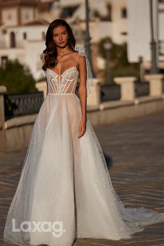 22351 - A-Line Spaghetti Straps Beaded Tulle illusion Wedding Dress with Train