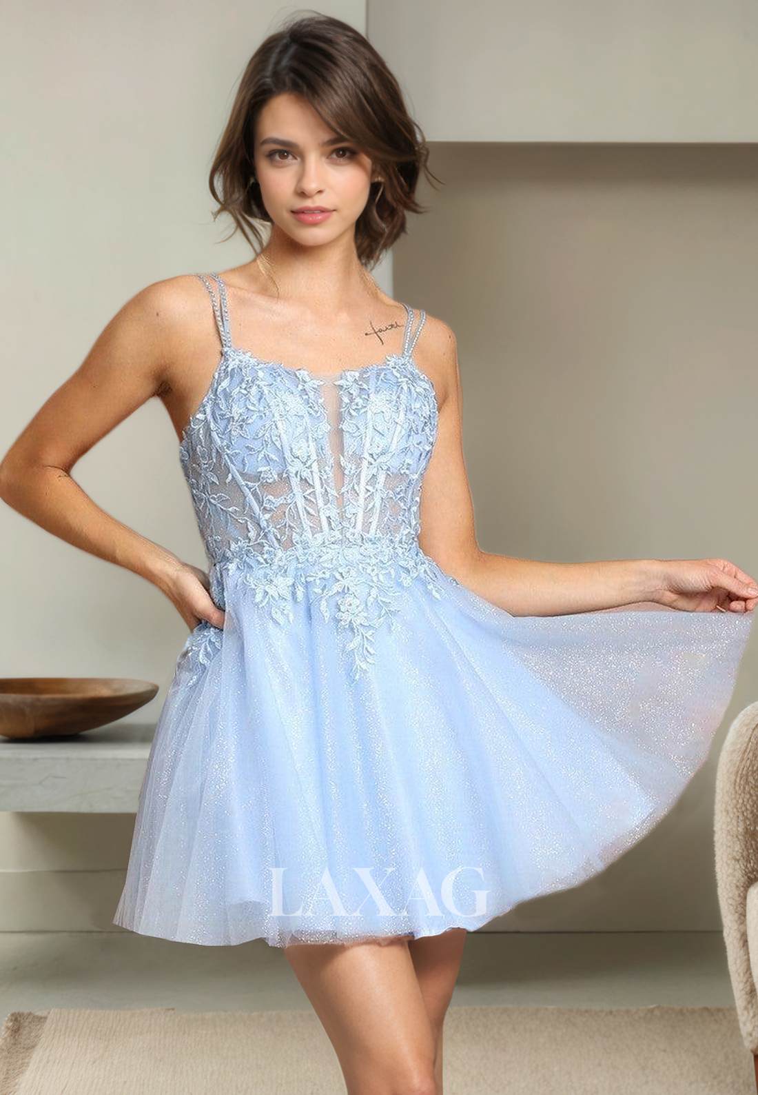 A-Line Spaghetti Straps Glitter Tulle Elegant Party Homecoming Dress