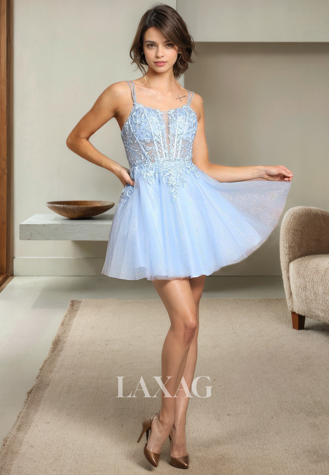 A-Line Spaghetti Straps Glitter Tulle Elegant Party Homecoming Dress