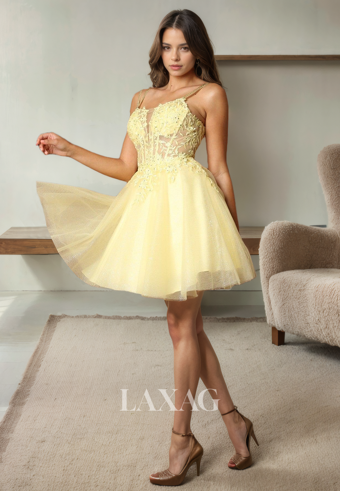 A-Line Spaghetti Straps Glitter Tulle Elegant Party Homecoming Dress