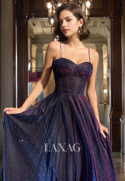 A-Line Spaghetti Straps Glitter Tulle Party Prom Formal Evening Dress