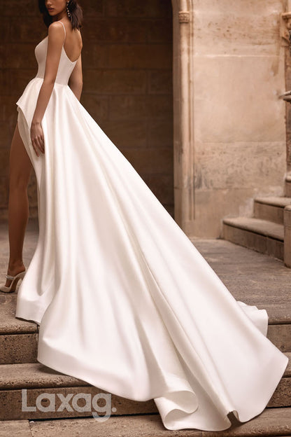 23029 - A-Line Spaghetti Straps High Slit Sleek Satin Elegant Wedding Dress with Train