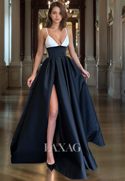 A-Line Spaghetti Straps High Slit Sleek Satin Party Prom Formal Evening Dress