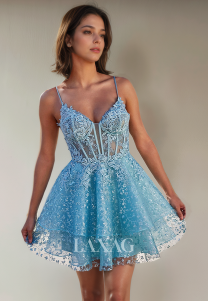 A-Line Spaghetti Straps Lace Appliques Tulle Sequins Party Homecoming Dress