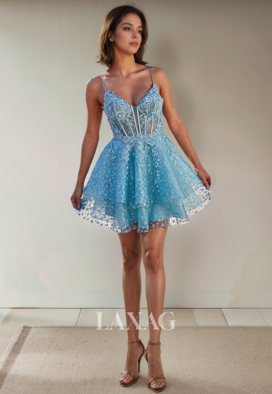 A-Line Spaghetti Straps Lace Appliques Tulle Sequins Party Homecoming Dress