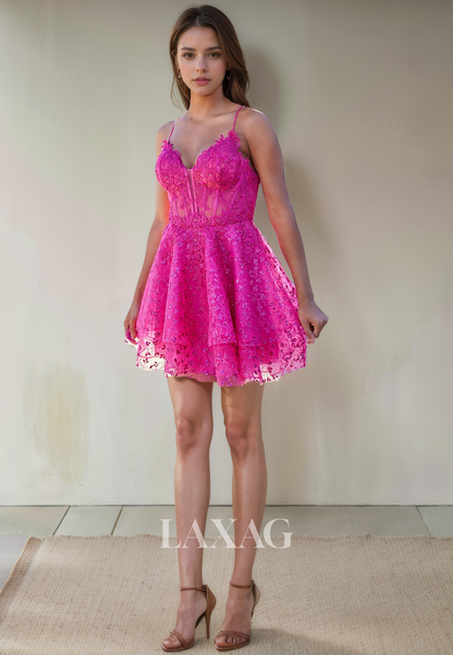 A-Line Spaghetti Straps Lace Appliques Tulle Sequins Party Homecoming Dress