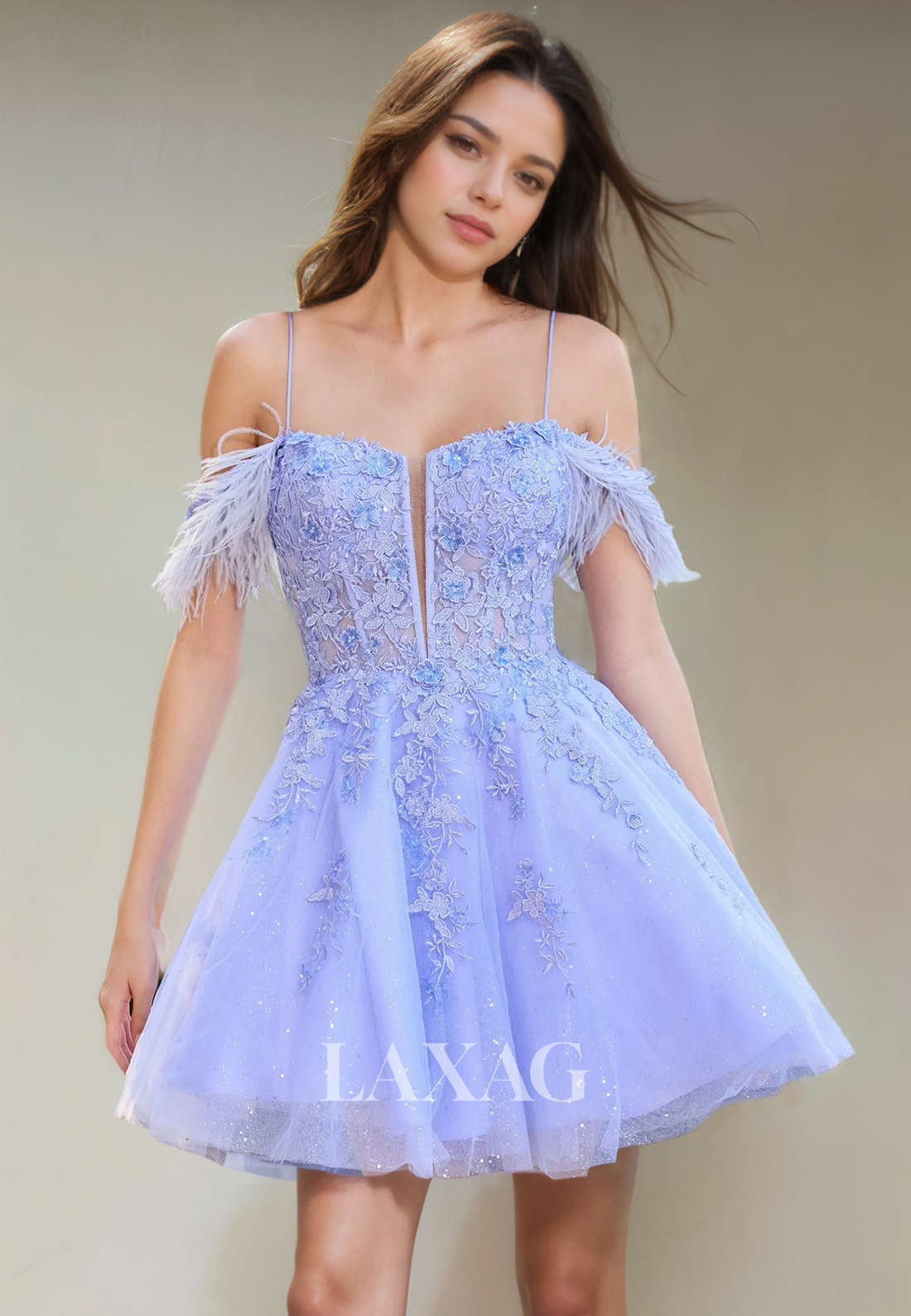 A-Line Spaghetti Straps Off Shoulder Feather Appliques Sequins Party Homecoming Dress