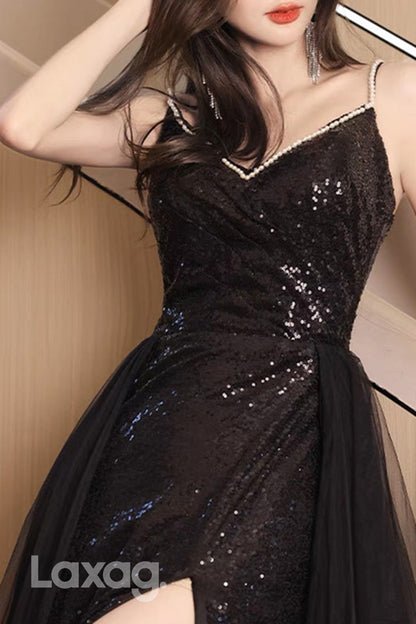 22438 - A-Line Spaghetti Straps Pearls Sequins Tulle Party Prom Formal Evening Dress with Slit