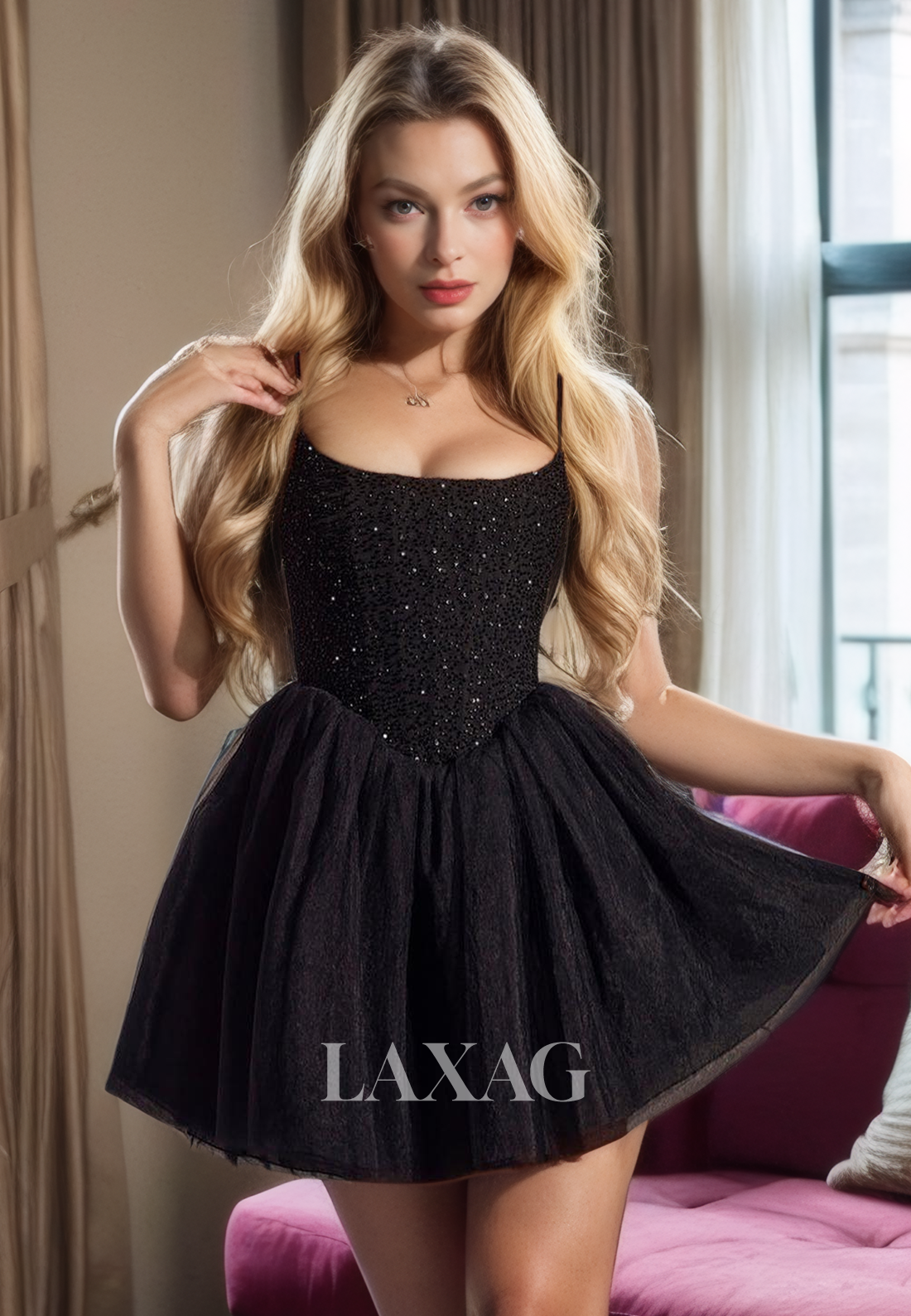 A-Line Spaghetti Straps Sequins Tulle Sleek Satin Party Homecoming Dress