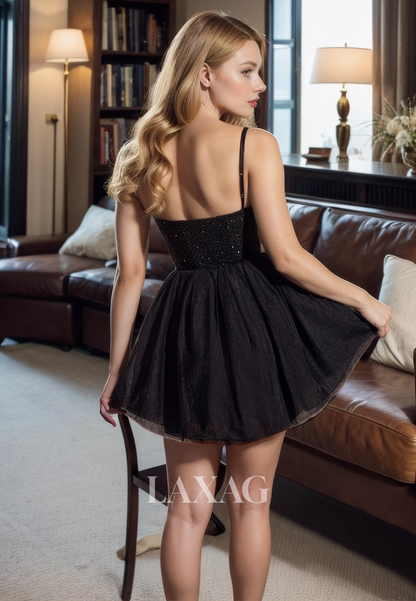 A-Line Spaghetti Straps Sequins Tulle Sleek Satin Party Homecoming Dress