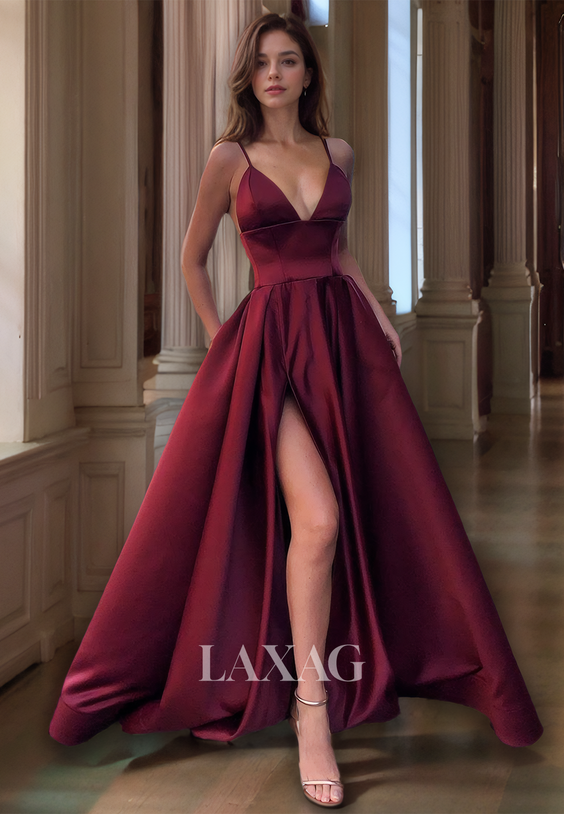 22060 - A Line V neck Simple Elegant Long Formal Prom Dress with Pockets