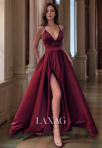 22060 - A Line V neck Simple Elegant Long Formal Prom Dress with Pockets