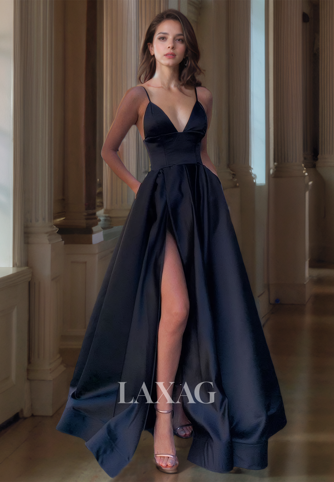 A-Line Spaghetti Straps Sleeveless Sleek Satin High Slit Party Prom Formal Evening Dress