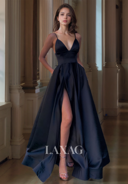 18780 - Women's Spaghetti Straps Black Satin Split Long Prom Dresses with Pockets