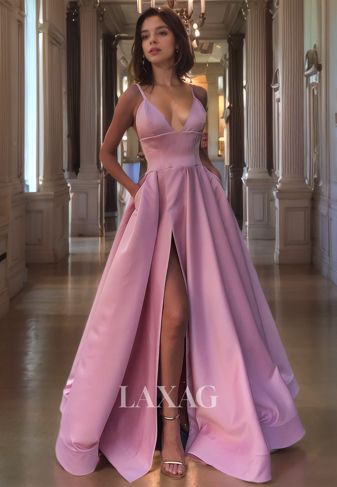 A-Line Spaghetti Straps Sleeveless Sleek Satin High Slit Party Prom Formal Evening Dress