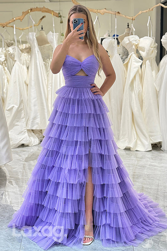 22437 - A-Line Spaghetti Straps Tulle Party Prom Formal Evening Dress with Slit