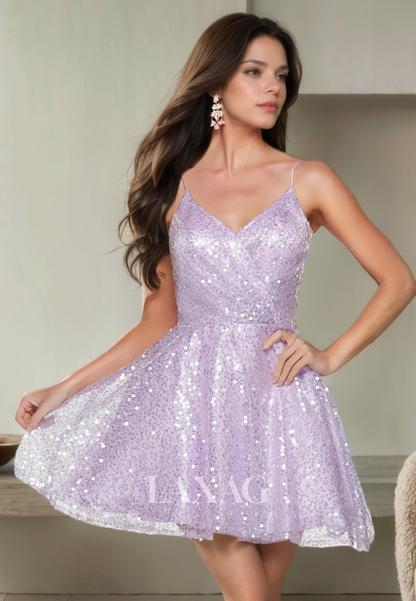 A-Line Spaghetti Straps V-Neck Backless Fully Sequins Party Homecoming Dress