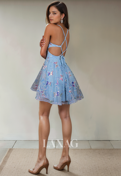 A-Line Spaghetti Straps V-Neck Backless Sequins Party Homecoming Dress