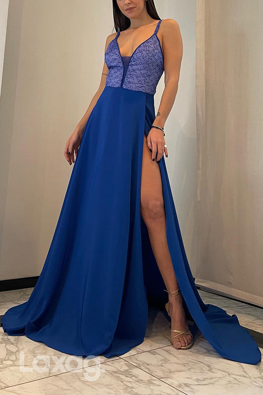 22696 - A-Line Spaghetti Straps V-Neck Beaded Party Prom Formal Evening Dress